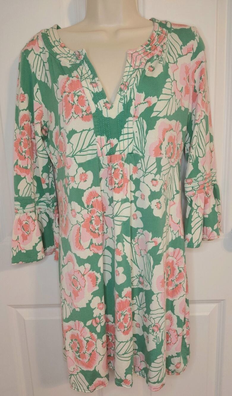 Lilly Pulitzer Floral Knit Tunic Dress Bell Sleeve Green Pink Size Large